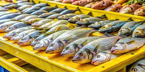 Fresh fish displayed on yellow counter in Colombian market , fresh, fish, seafood, display, yellow, counter