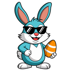 Fototapeta premium Vector of a cool Easter bunny wearing sunglasses and holding an egg, isolated on white background. For Easter Day 