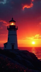 Lighthouse silhouette against fiery sunset sky, sea, lighthouse