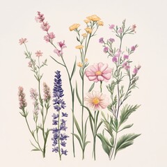 Naklejka premium Botanical illustration of colorful wildflowers nature scene art print soft background aesthetic design