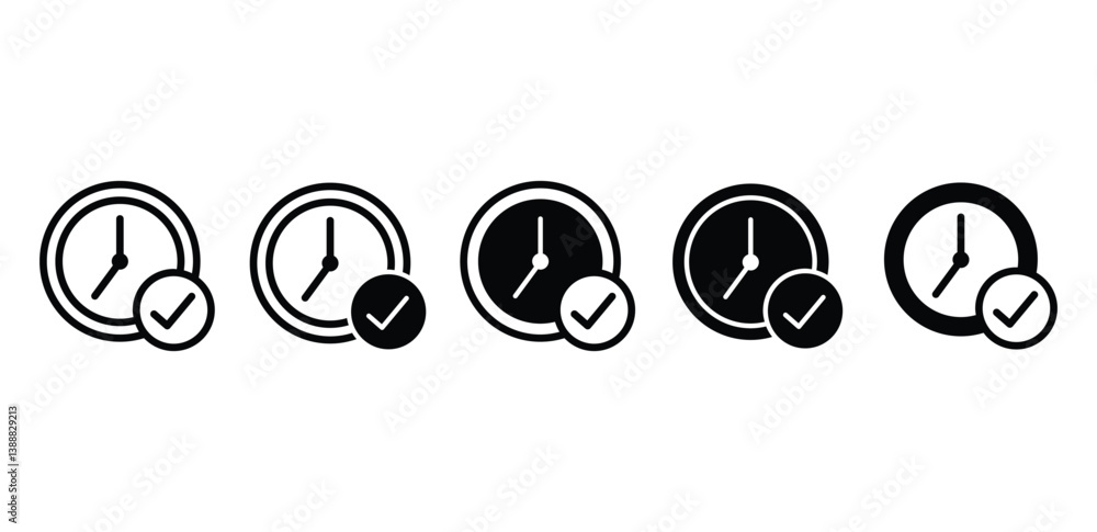 Poster clock icons with check marks, time management symbols vector design