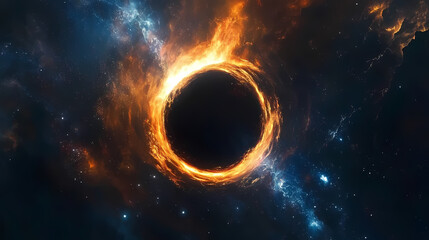 Obraz premium A colossal black hole devouring nearby celestial bodies, light bending around its event horizon, an accretion disk glowing intensely with blue and orange hues. Devoured Light. Illustration