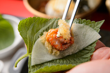 A vegetable wrap with a pickle, a piece of octopus, and flying fish roe.
