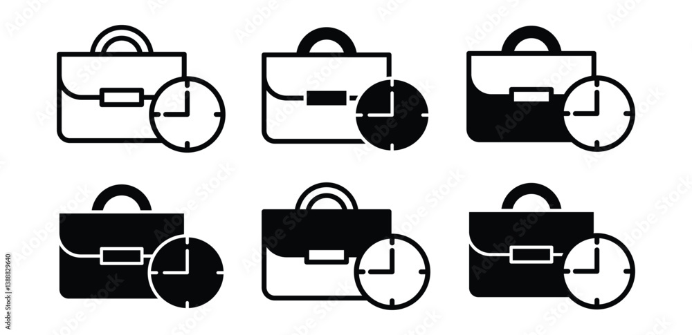 Poster briefcase and clock icons set black and white color vector design