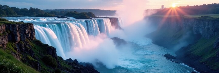 Fototapeta premium Gargantuan falls cascade down iridescent cliffs, ethereal mist rising , dreamlike, illustration