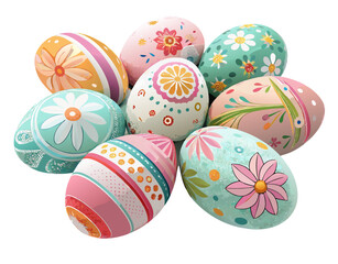 Vector of multiple colorful decorated Easter eggs arranged in a creative pattern, isolated on white background.  For Easter Day
