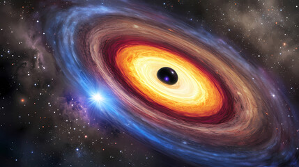 A colossal black hole devouring nearby celestial bodies, light bending around its event horizon, an accretion disk glowing intensely with blue and orange hues. Devoured Light. Illustration