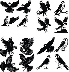 Flying Falcon Vector | Predator Bird Silhouette Design Falcon Silhouette Set | Fast Bird of Prey Vector Icons