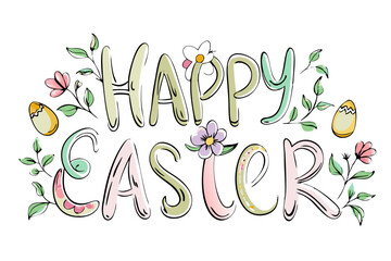 Obraz premium Vector of hand-drawn “Happy Easter” text with floral and egg decorations, isolated on white background. For Easter Day 