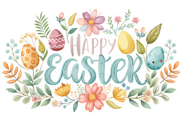Obraz premium Vector of hand-drawn “Happy Easter” text with floral and egg decorations, isolated on white background. For Easter Day 