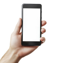 A hand holding a smartphone with a blank white screen isolated on a Transparent background PNG