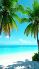 Lush palms fringe turquoise ocean, white sand visible , exotic, green, Hawaii