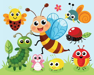 Obraz premium Cute Cartoon Insects Illustration. A Collection of Friendly Bugs