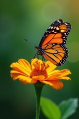 Fototapeta premium Monarch butterfly on bright orange wildflower, legs gripping stem , insect, monarch