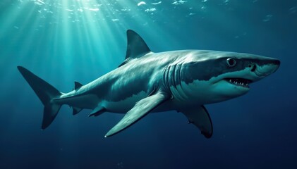 Immense great white shark profile view, isolated, deep ocean backdrop, deep sea, nature photography
