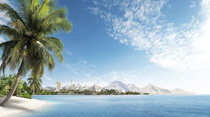 serene beach scene featuring palm tree, clear blue water, and distant resort against backdrop of mountains and bright sky