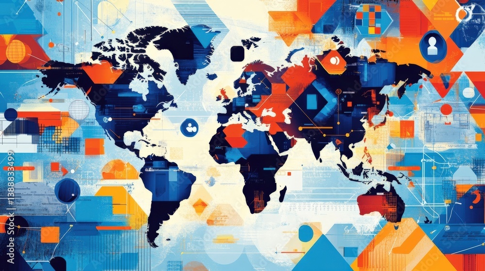 Poster visualizing global communication and data exchange through a world map, geometric shapes, and networ