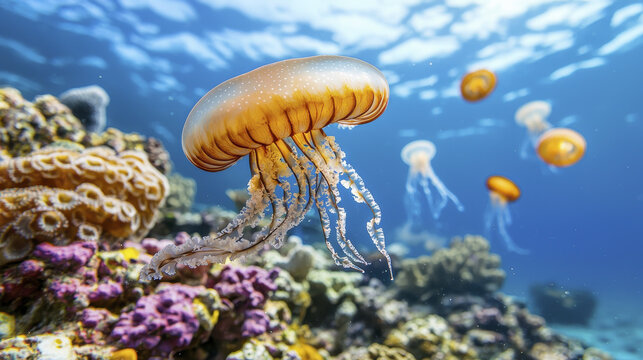 stunning underwater scene featuring jellyfish gracefully swimming among vibrant coral reefs, showcasing beauty of marine life