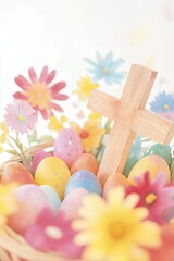 Colorful Easter eggs in wicker basket surrounded by flowers with wooden cross in background. Easter celebration and springtime holidays. Design for greeting card, invitation, postcard, banner.