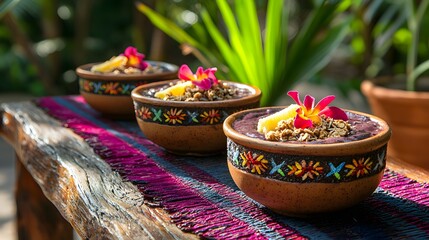 Fototapeta premium Colorful Bowls of Açaí Smoothie Topped with Fresh Fruits and Granola in Tropical Setting