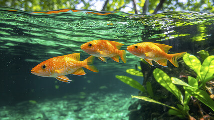 Underwater scene featuring three vibrant orange fish swimming gracefully among lush green aquatic plants, creating serene and lively atmosphere