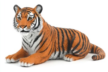 Obraz premium Tiger lying down on a white surface, isolated for animal study, presentation or illustration