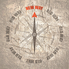 The needle of compass points to the words New Way ignoring the words Old Way , as a metaphor for improvement and development, mindset changing.