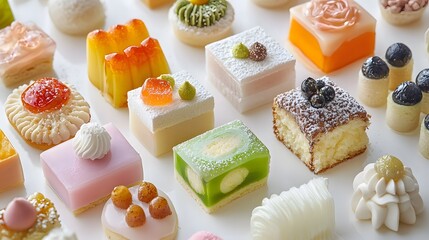 Colorful and Decorative Assorted Miniature Cakes and Pastries on White Background