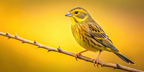 Fototapeta premium Yellowhammer bird perched on a branch against a yellow background, Yellowhammer, bird, branch, isolated, yellow, background