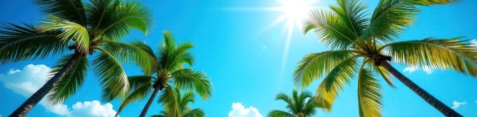 Fototapeta premium Sun-drenched coconut palms sway gently against vibrant blue sky, clouds, sun
