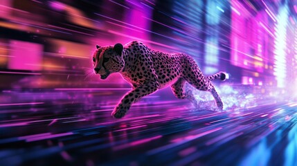 Cheetah Running Fast with Motion Blur and Neon Glowing Trails