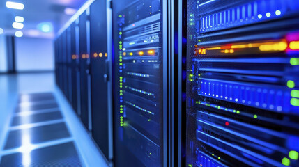 High tech data center with server racks, glowing lights, and modern design, showcasing advanced technology and efficient computing