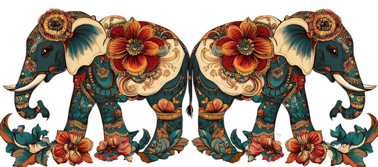 Ornate Elephant Duo  Floral Design, Intricate Illustration, Isolated on Transparent Background, Elephant, Indian art, Vintage