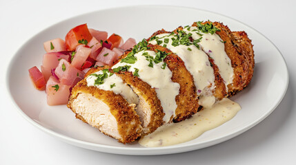 Crispy chicken breast with creamy sauce, garnished with herbs, served with fresh diced vegetables. delicious and satisfying meal