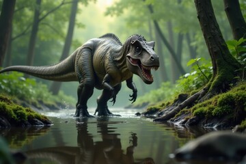 Obraz premium Tyrannosaurus Rex stalking prey in prehistoric swamp, swamp, hunting
