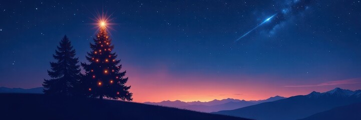 Christmas tree silhouette against a night sky with a shooting star , evergreen, silhouette, astrophotography