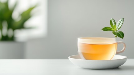 A glass cup of golden tea sits on a white saucer. A sprig of green leaves floats nearby. The background is blurred, showing a plant and a window. The image is high-quality with soft, natural lighti