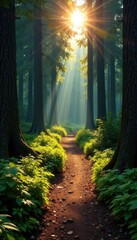 Sun-dappled trail winds through lush Pacific Northwest forest, oregon, woodland