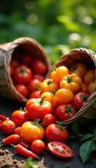 Sun-drenched heirloom tomatoes and peppers spilling from baskets, red, heirloom tomatoes