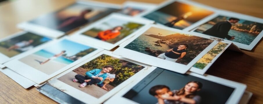 Neat stack of instant photos, diverse angles & shades , arrangement, party