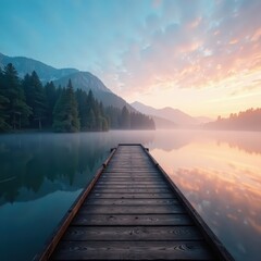Fototapeta premium Wooden pier extends into misty lake at dawn, tranquil scene , wood, idyllic, balance