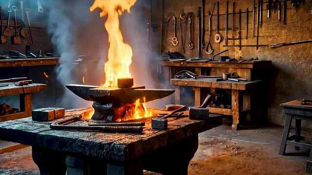 Blacksmith forge with blazing fire and tools inside traditional metalworking workshop