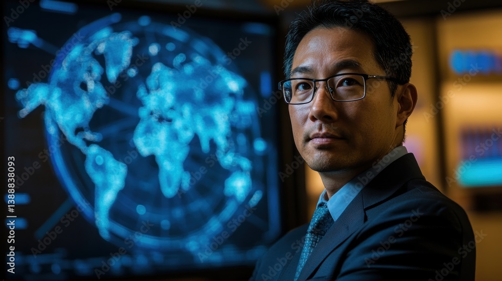 Poster man in suit with world map background looking confidently forward