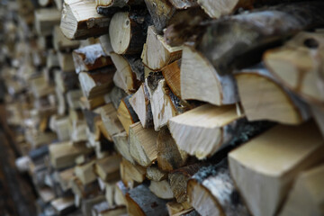 Stacked Firewood Logs Ready for Use in Winter Season Outside Rural Home