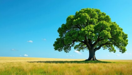 Fototapeta premium Ancient oak, solitary in vast field, vibrant blue sky , rural, stock, horizon
