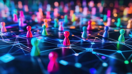 Colorful figures on digital grid represent diverse customer insights and personalized marketing strategies in modern business environments