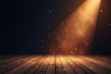 Bare wooden stage, lone spotlight illuminates dust motes, live, interior, rustic