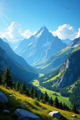 Fototapeta premium Vast mountain range, sunlit valley, clear sky, illustration, peak, environment