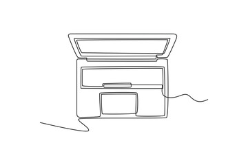 Top view of laptop. Calculator, Smartphone, Laptop concept. Single line draw design. Vector graphic illustration