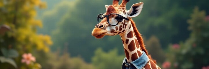 Obraz premium Giraffe in glasses and collared shirt, standing, graphics, clipart
